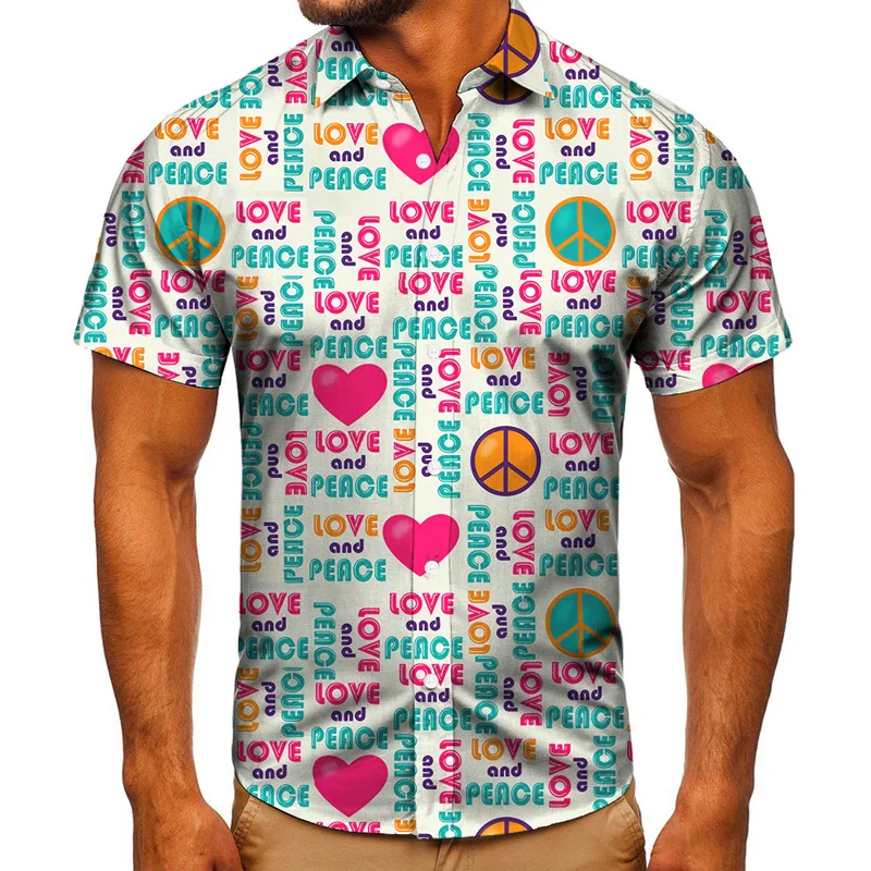 

2021 New Fashion Hot Sale Digital Love Print Men's Stand-Up Collar Single-Breasted Hawaiian Beach Short-Sleeved Shirt