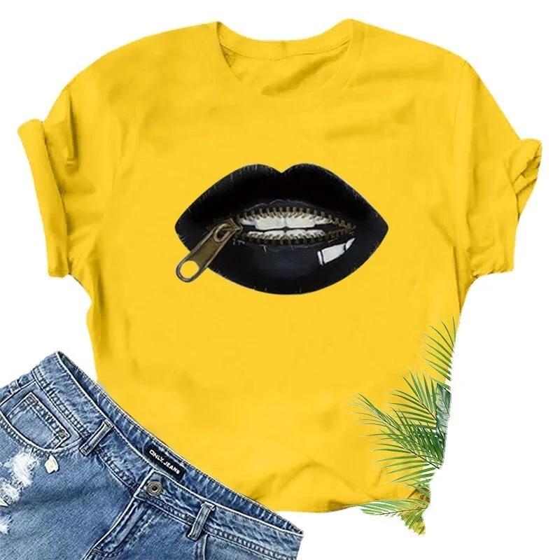 

Zipper Black Lips Print Women T Shirt Short Sleeve O Neck Loose Women Tshirt Ladies Tee Shirt Tops Clothes Camisetas Mujer