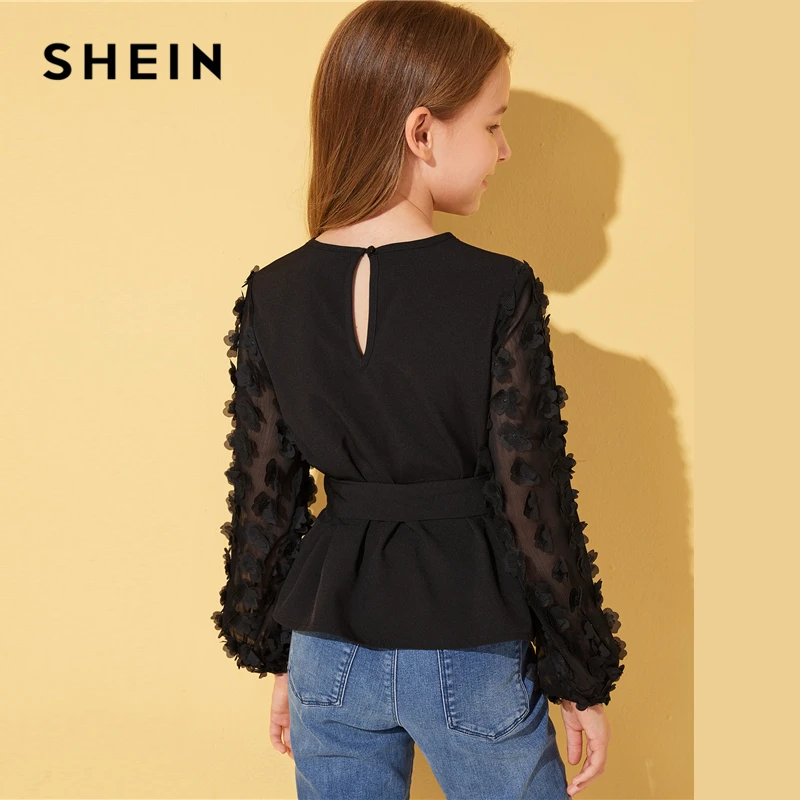 SHEIN Kiddie/черная однотонная блузка с аппликацией в сеточку, с рукавом «Бишоп», с поясом, детские топы, коллекция года, Осенние милые блузки на пуговицах сзади