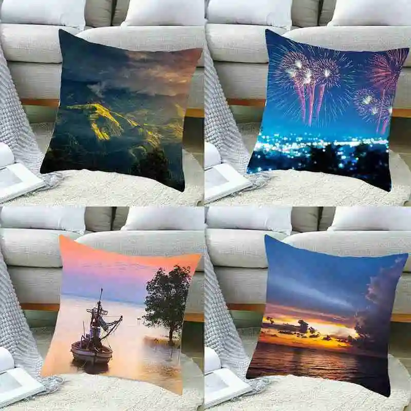 

Beach Pillowcase Decorative Landscape Chair Seat Pink Sea View Throw Pillow Home Sofa Car Square Cushion Cover 45*45cm