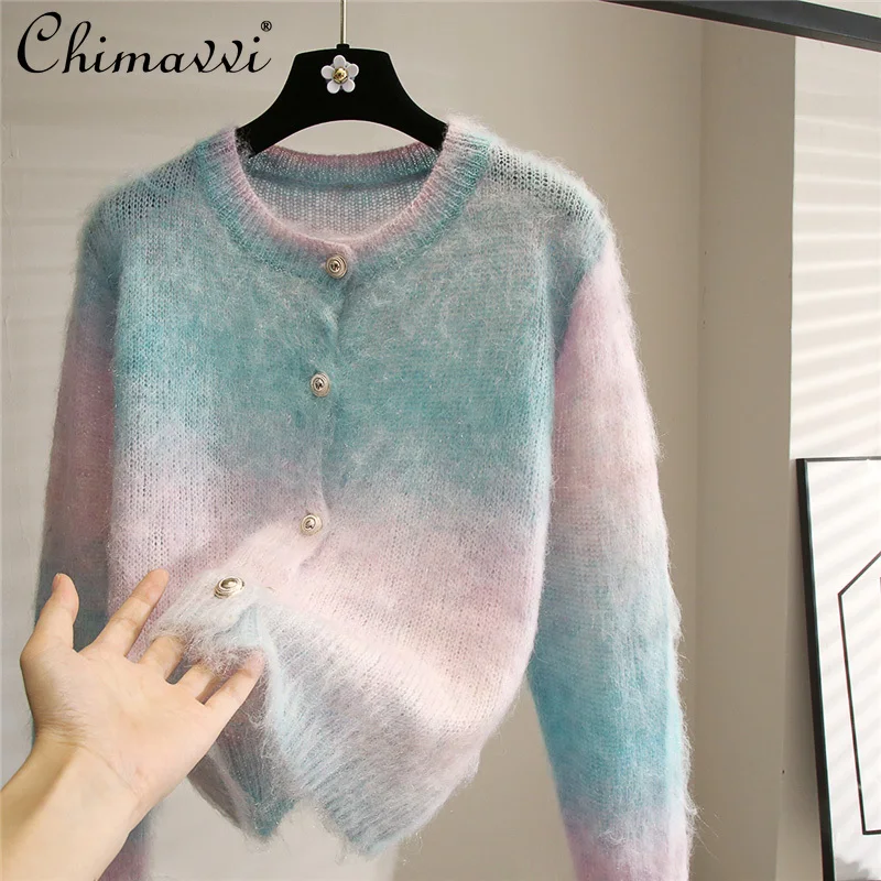 Fashion Color Contrast Cardigan Sweater 2021 Autumn Women's Clothng New Mohair Tie-Dyed Knitted Top Elegant Long Sleeve Coats