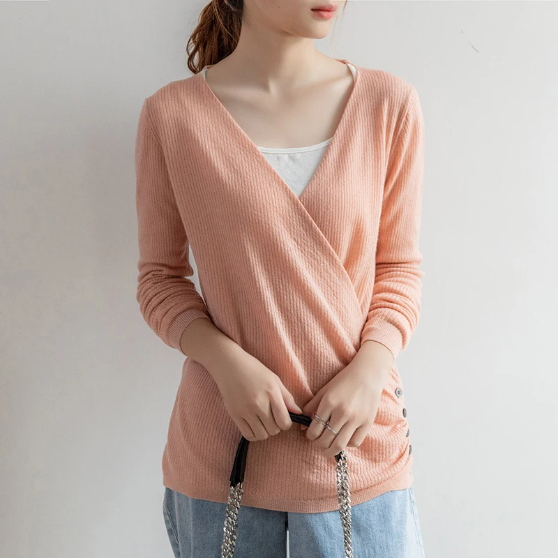 

women's spring pullover natural wool fashionable sweaters with buttons long half sleeves short stylish thin jacket