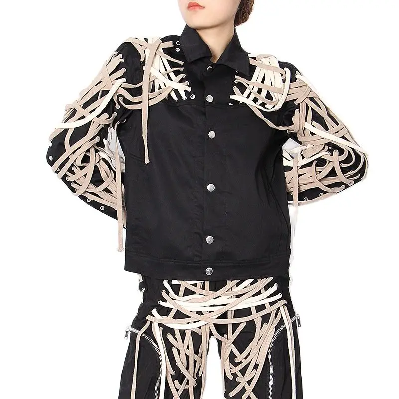 Drawstring повязки в стиле хип-хоп панк куртка для мужчин черный уличный стиль пальто