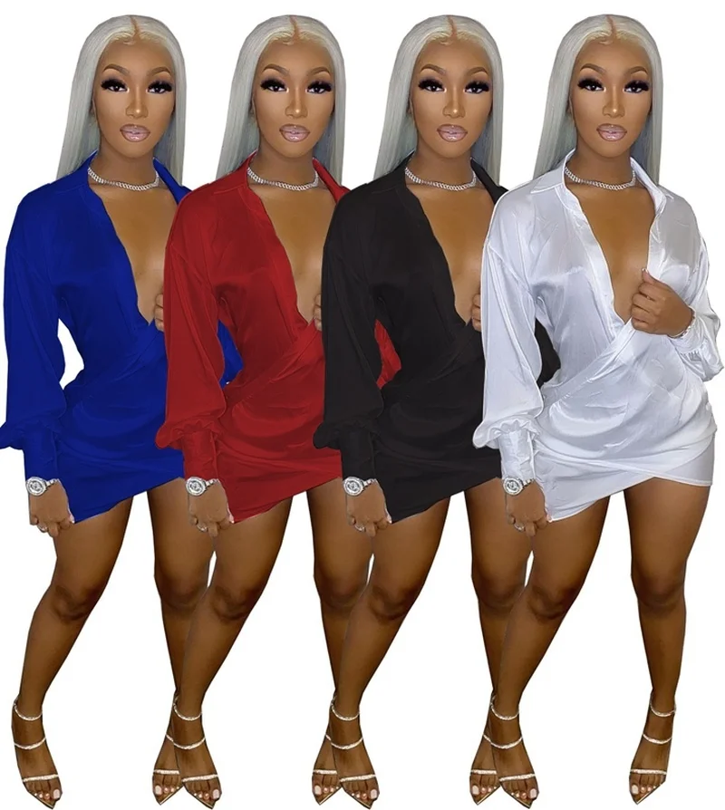 

Spring 2021 Club Deep V Neck Mini Dresses for Women Clothing Fashion Long Sleeve Dress Elegant Loose Short Party Dress Vestido