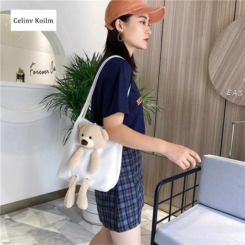 Celinv Koilm Autumn Bear Bag Female New Trendy Fashion Canvas Bag Female Shoulder Tote Bags Messenger Handbag