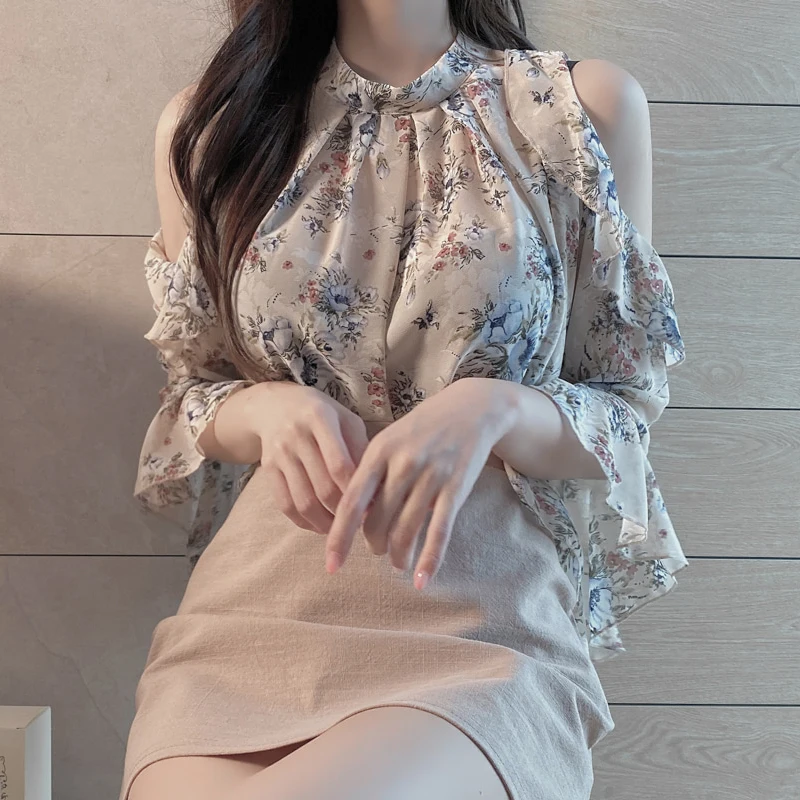 Женский шифоновый пуловер с открытыми плечами свободная блузка цветочным