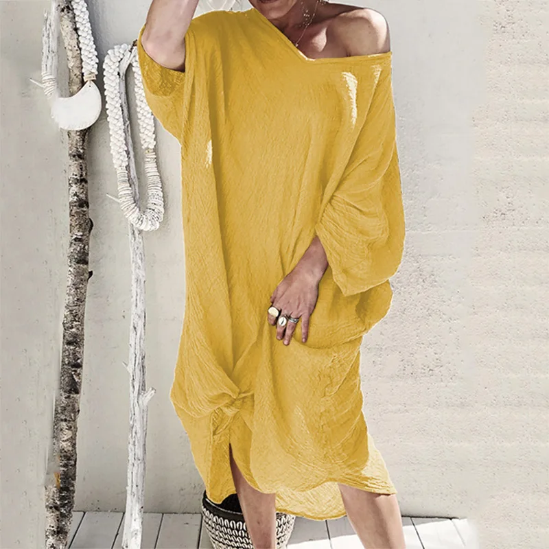 Yellow ZANZEA женское летнее платье с рукавом длиной до колена Vestidos Летний Пляжный сарафан Сексуальное Женское Платье с v-образным вырезом - Color: Yellow