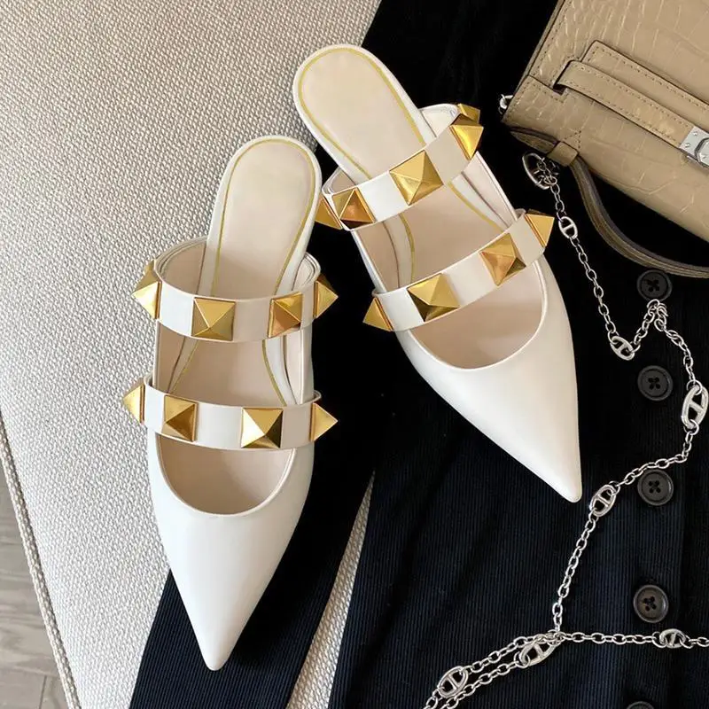 

Luxury Crystal Women Flat sandals slipper Designer Big willow nail casual shoes Genuine Leather sole slippers Womens sandal shoe