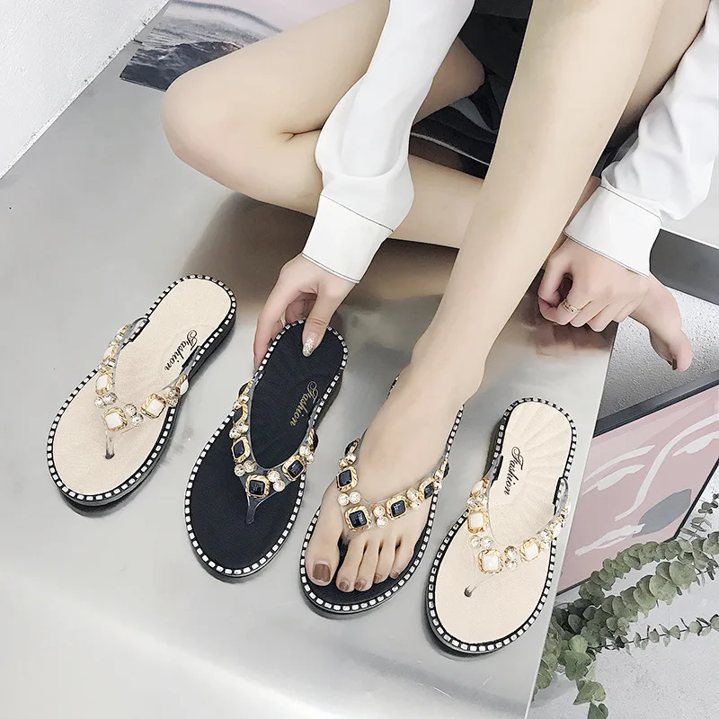 

2021 New hot style women's shoes rhinestone casual sandals slippers herringbone flip flops sequin shoes