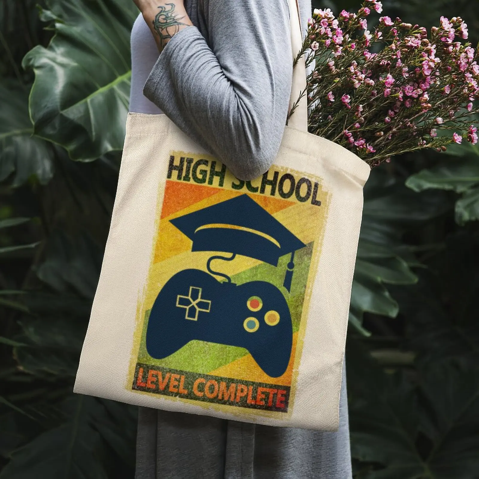 

HIGH SCHOOL LEVEL COMPLETE, Gamer, Gaming Tote Bag White Canvas Bag Art Shopping Books