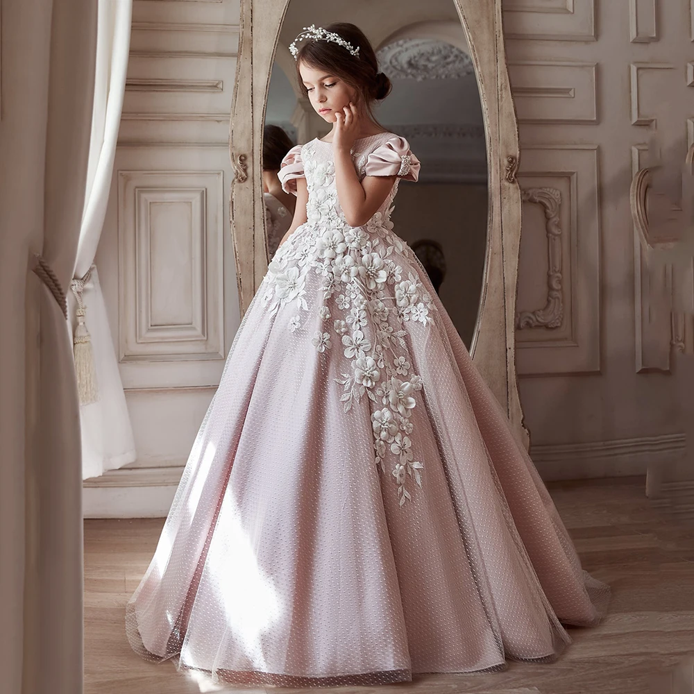 Платье принцессы с цветочным принтом для девочки бальное платье цвета слоновой