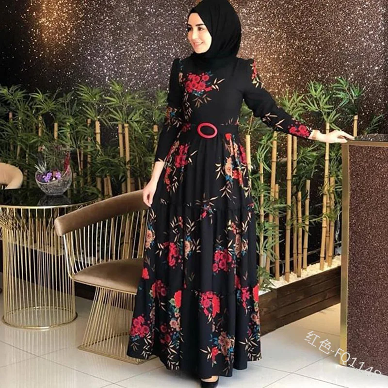 

WEPBEL Women Muslim Dress Ruffles Casual Fashion Autumn Abaya Islamic Full Sleeve Floral Flower Ladies Long Maxi Dresses