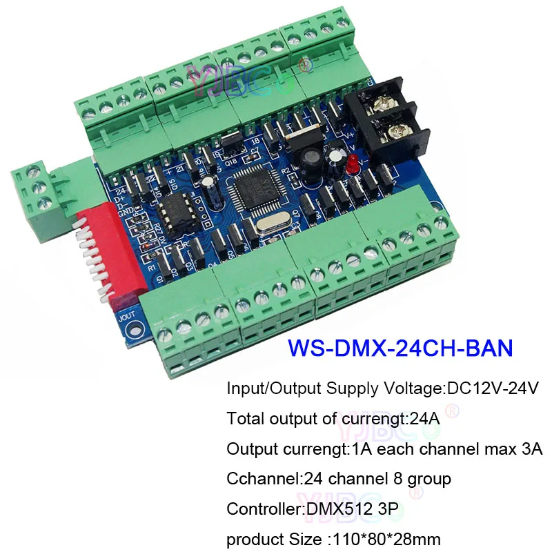 

24CH led DMX512 decoder DC12V-24V 24 channel 8 groups 3A Easy DMX decoder dimmer DMX512 3P RGB led controller