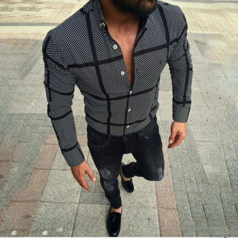 

Shirts For Men Slim Fit Black Plaid Shirts Autumn Long Sleeve Casual Beach Shirt Male Fashion Single Breasted Cotton Clothing