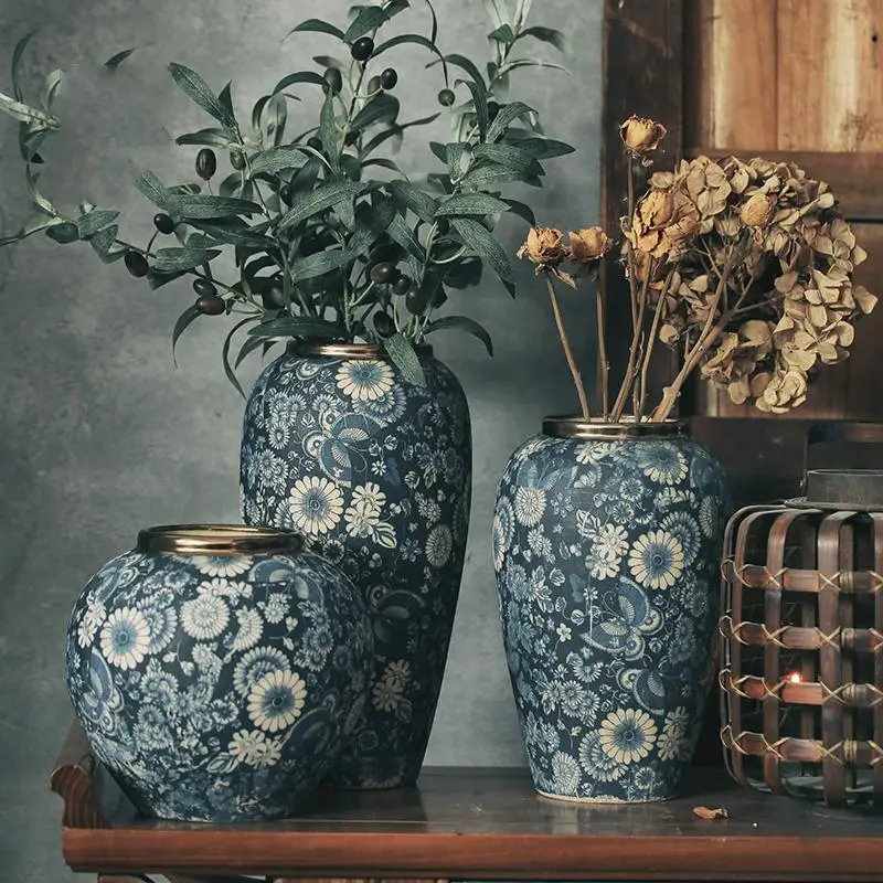 

Ваза с золотистым ободком, сухая и белая фарфоровая сине-белая ваза, европейская китайская Цветочная посуда, настольный цветочный горшок Цз...