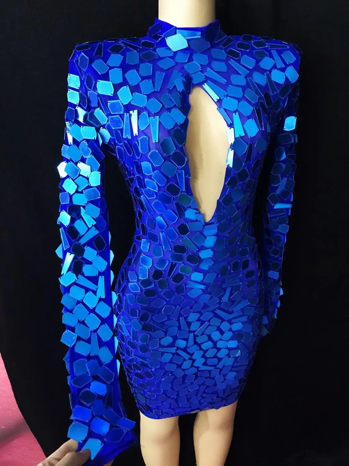 

Flashing Blue Mesh Mirrors Hollow Dress Birthday Celebrate Bar Dance Outfit Wear Prom Evening Women Dancer Short