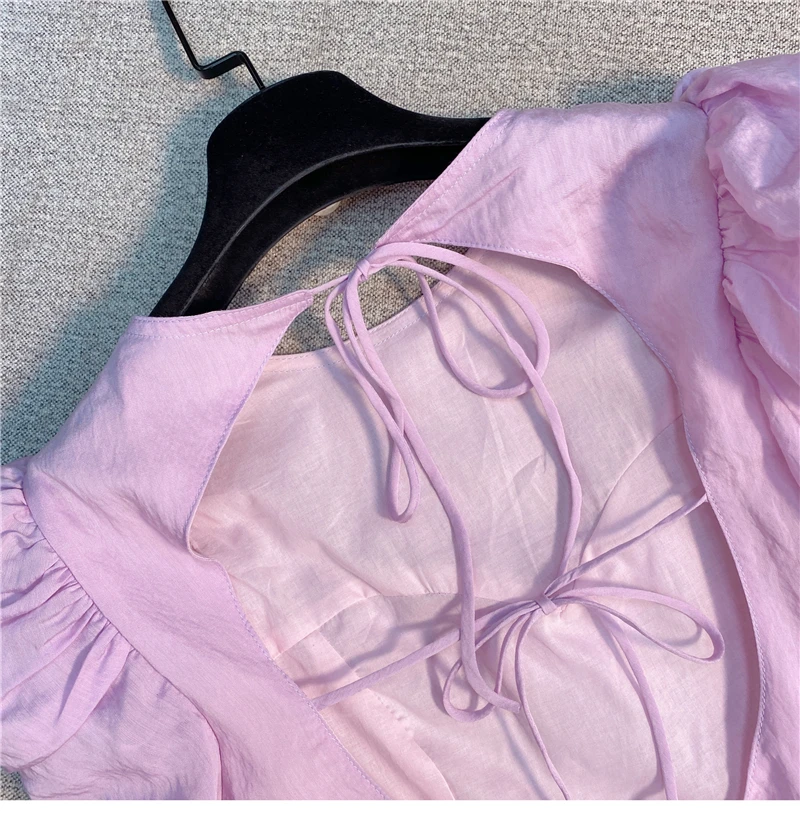 

2021 Summer New Sweet Sexy Lacing Backless Shirt for Female Fashion Solid Color Puff Sleeve Short Chiffon Shirt Ladies