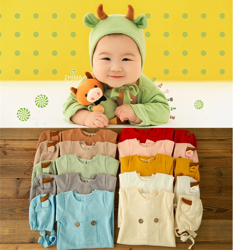 

Dvotinst 2021 Newborn Baby Photography Props Cute Cow Outfits Set Rompers Hat Bonnet Doll Accessories Studio Shoots Photo Props