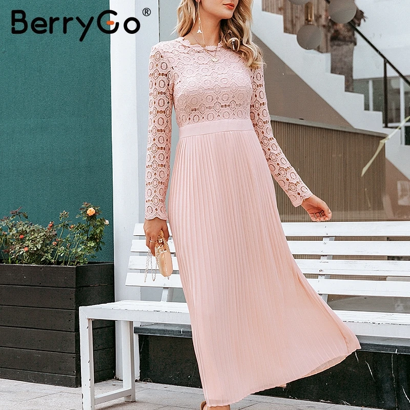 BerryGo Просто, элегантно, кружевное платье для женщин, вышивка, плиссированные, с круглым вырезом, длинные, большие размеры, платья женские, Осень-зима, женские сексуальные вечерние платья