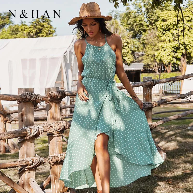 

Maxi Dresses for Women Summer 2021 Casual Dot Print Sleeveless Spaghetti Strap Dress Long Sexy Backless Sundress Femme Vestidos