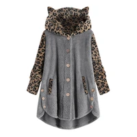 80hotwomen hoodie ears leopard patchwork autumn winter single breasted irregular plush coat streetwear
