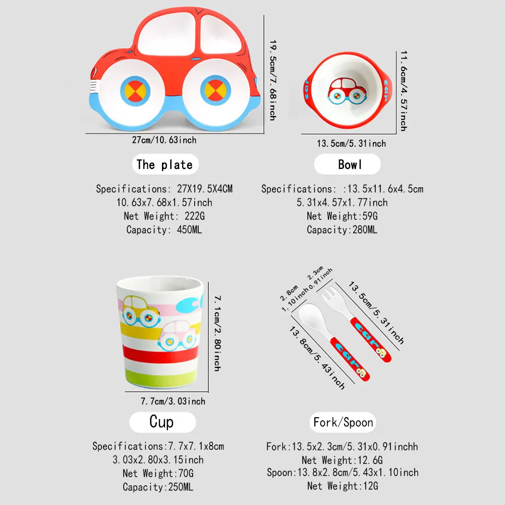 

5Pcs/set Eco-friendly Bamboo Fiber Baby Dishes Car Model Tableware Set For Kids Toddler Dinnerware Feeding Bowl Separation Plate