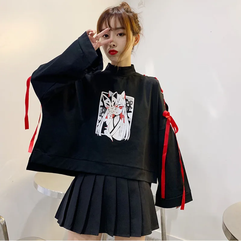 Японский мультфильм лиса девушка печати балахон Harajuku для женщин Готический ленты на шнуровке с расклешенными рукавами Kawaii плюс бархат пуловер Толстовка