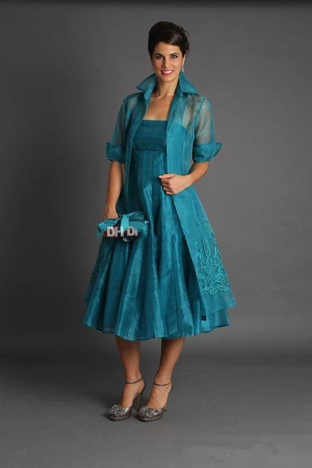 

With Jacket Mother Of The Bride Dresses A-line Tea Length Tulle Appliques Plus Size Short Groom Mother Dresses For Wedding