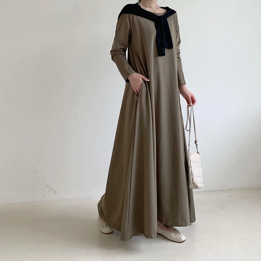 

Muslim Casual Dubai Abaya Turkey Dress for Women Round Neck Solid Color Party Islamic Fashion Abayas Caftan Indian Hijab Dress