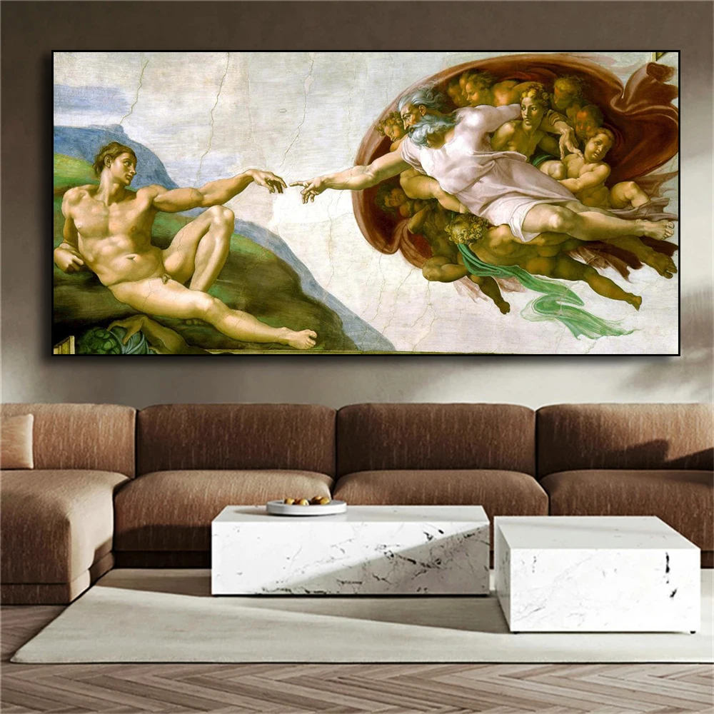 

Sistine Chapel Ceiling Fresco of Michelangelo, Creation of Adam Poster Print on Canvas Wall Art Picture for Living Room Decor