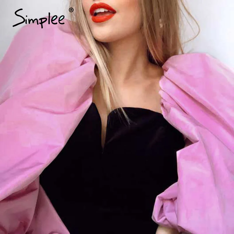 Simplee Vintage puff sleeve patchwork women blouse shirt Chic long pink black tops shirts Slim party club ladies blouses | Женская