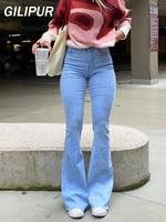 y2k stretch flared jeans woman high waist mom jeans blue washed denim pants trousers female fashion elegant wide leg jeans 2021
