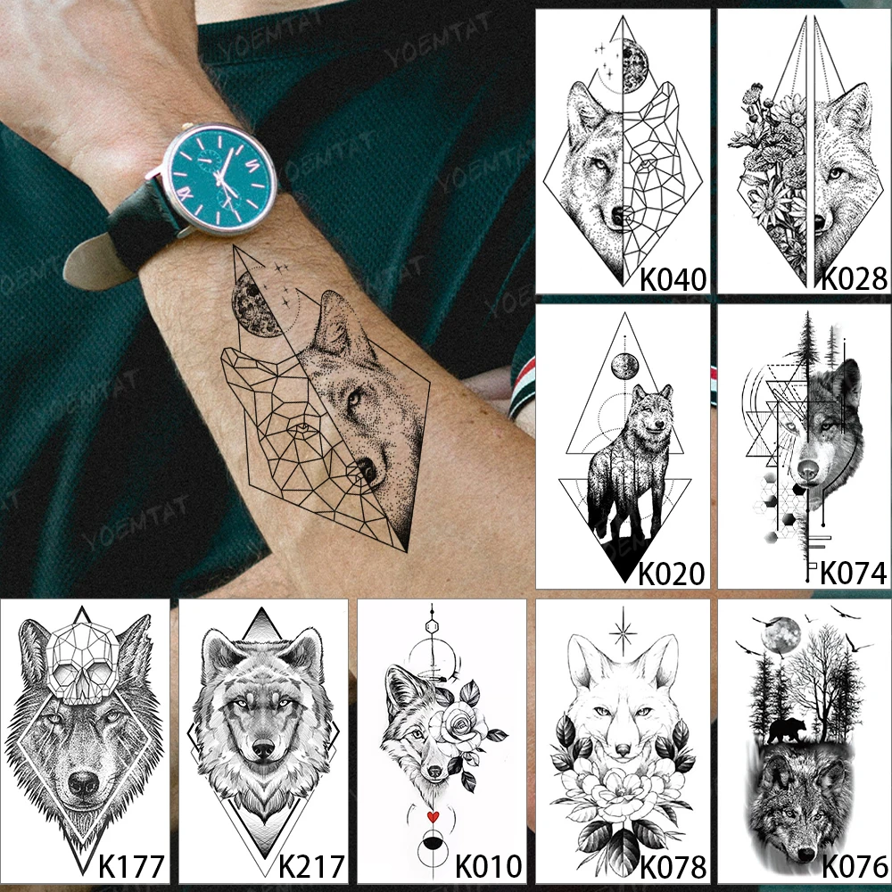 

9PC Waterproof Temporary Tattoo Sticker Set Wolf Forest Dark Line Totem Flash Tatoo Man Kid Wrist Cool Body Art Fake Tatto Woman