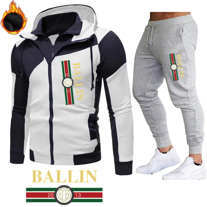 

European and American fashion new men's cotton printed casual double-layer zipper jacket suit Street trend sports hooded suit