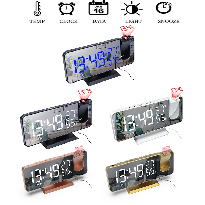 

Многофункциональный Будильник со светодиодной цифровой проекцией, часы с температурой и влажностью, зеркальные часы с проекцией, часы с Fm-р...