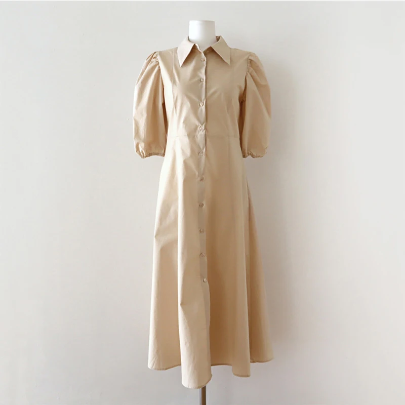 

Sister Fara Summer 2021 Elegant Lace-up Single-breasted Dress for Women Loose Turn-down Collar Dress Female Puff Sleeve Dresses