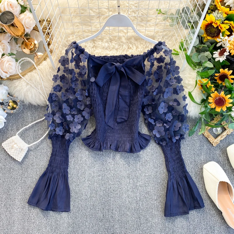 Блузка женская с пышными рукавами французская винтажная сетчатая короткая