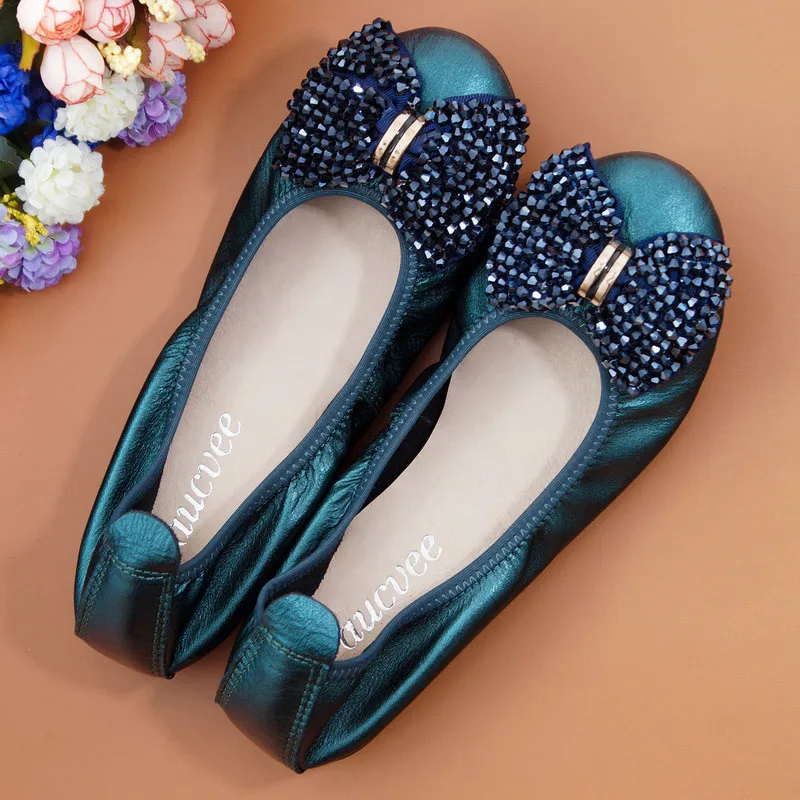 Fashion String Bead Women Shoes Slip On Flats Sweet Bow Autumn Female Cow Leather 2021 New Spring Ballet