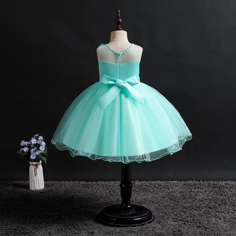 

New Children Party Clothes Tulle Bowed Girl Light Blue White Burgundy Beautiful Wedding Dress for Kids 2 3 4 5 6 7 8 To 15 Years