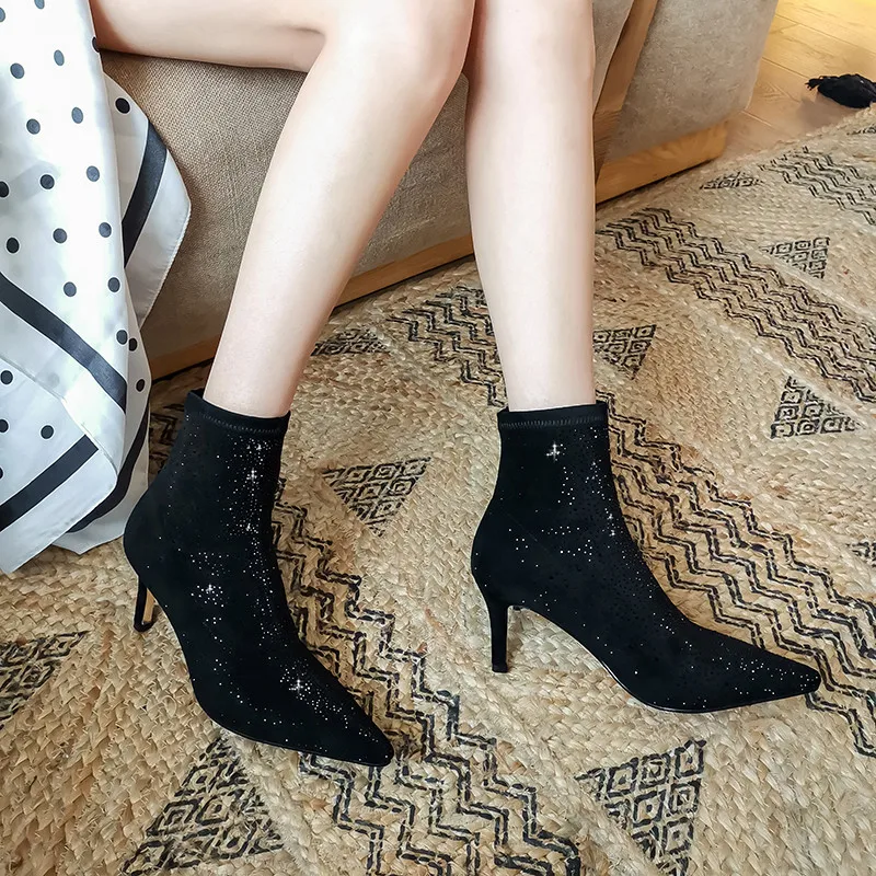 

MEMUNIA 2020 new arrive Elastic boots women pointed toe crystal sexy thin high heel party shoes autumn winter ankle boots woman