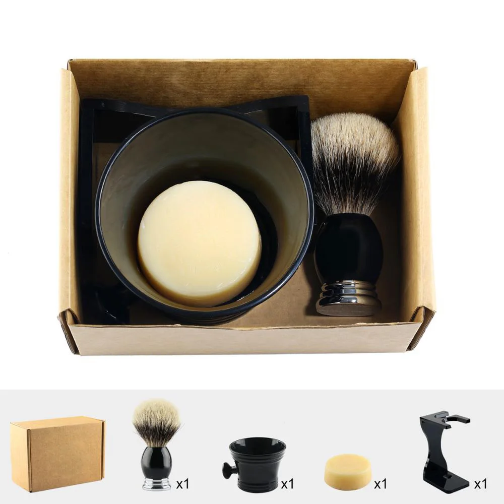 Набор для бритья 4 в 1 кисть барсука с серебряным наконечником + ручка из сплава