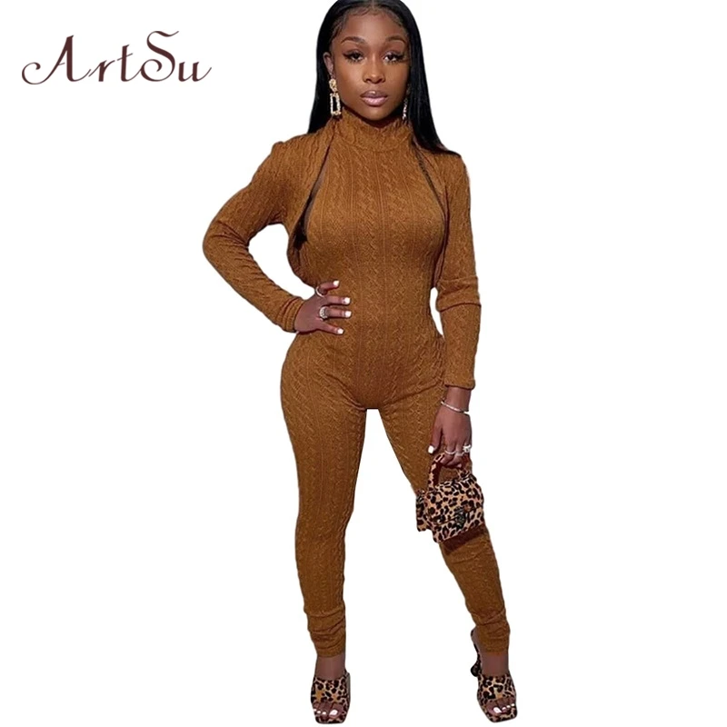

Artsu Knitted 2 Piece Set Jumpsuits For Women 2020 Sleeveless O-Neck Skinny Casual Solid Wear Overalls 90053