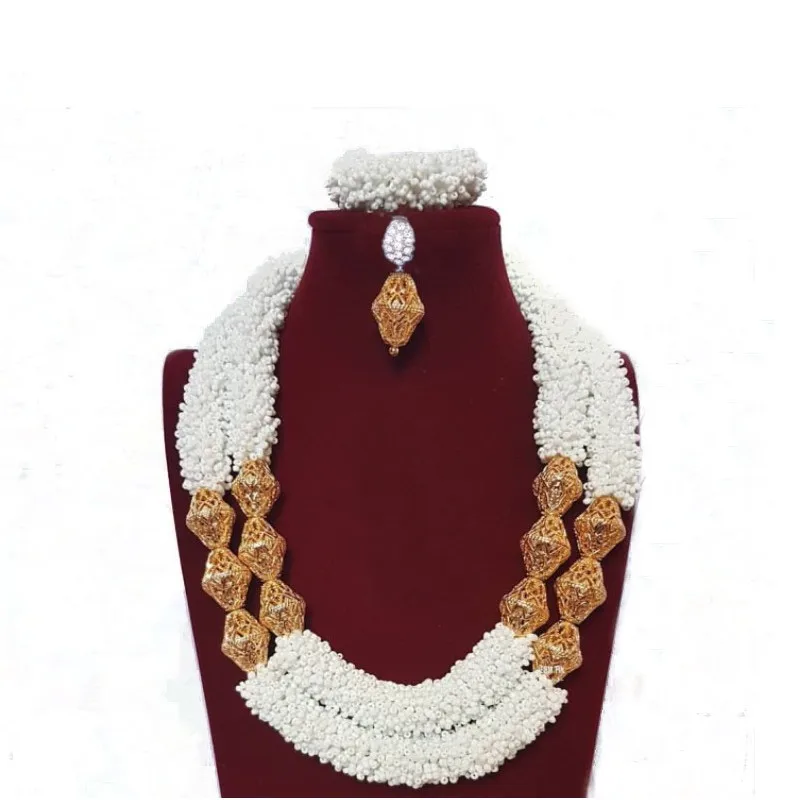 

Dudo White and Gold Dubai Necklace Costume Fine Jewelry Set For Women Bold Long African Bridal 2 Layers Jewellery Set 2019 New