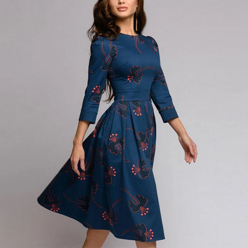 

2020 Vintage Women Party Dress Fashion Floral Print O-neck Midi Dress Plus Size Skater Dresses Elegant Female Slim Vestidos XXL