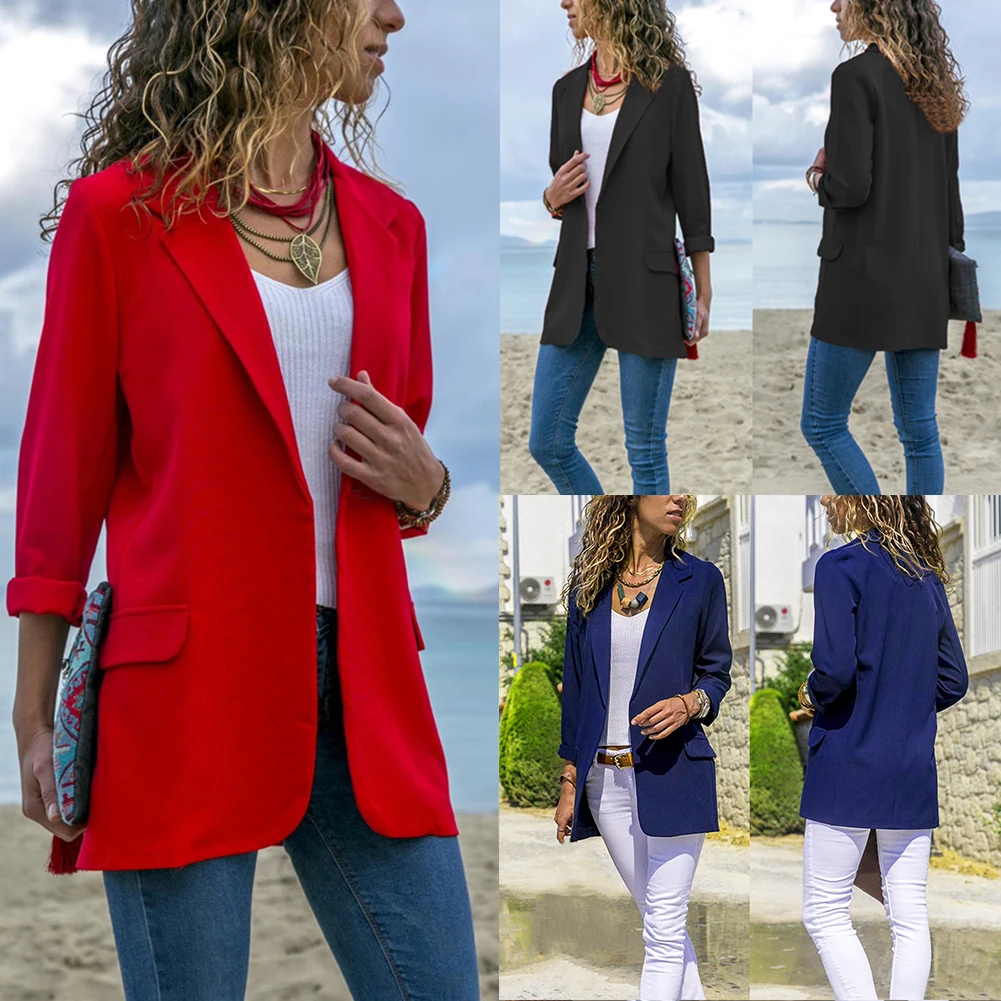 

Women Spring Pocket Solid Office Slim Fit Casual Turn-down Collar Blazer Outwear Long Sleeve Autumn
