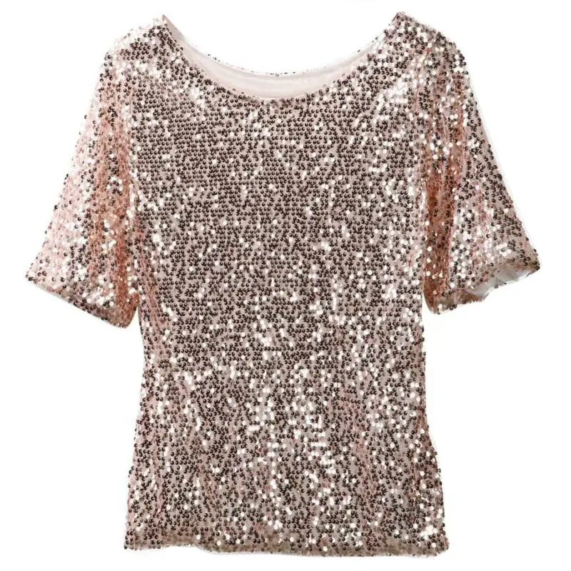 Women Ladies Glistening Sequin Slim T-Shirt Tops Summer Casual Short Sleeve T Shirts | Женская одежда