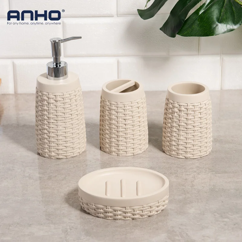 

Rattan Resin Bathroom Accessories Set Natural Pattern Wicker Soap Dish Mouthwash Cup Toothbrush Cup Soap Dispenser Lotion Bottle
