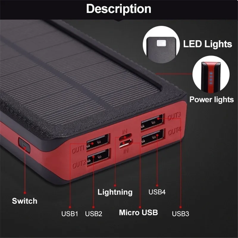 30000mAh Солнечная батарея с большой емкостью 4 выхода порта аккумулятор подходит