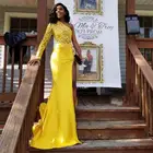 Платье с юбкой-годе для выпускного вечера, желтое кружевное вечернее платье с одним открытым плечом, с длинным рукавом, с разрезом, со шлейфом, иллюзия