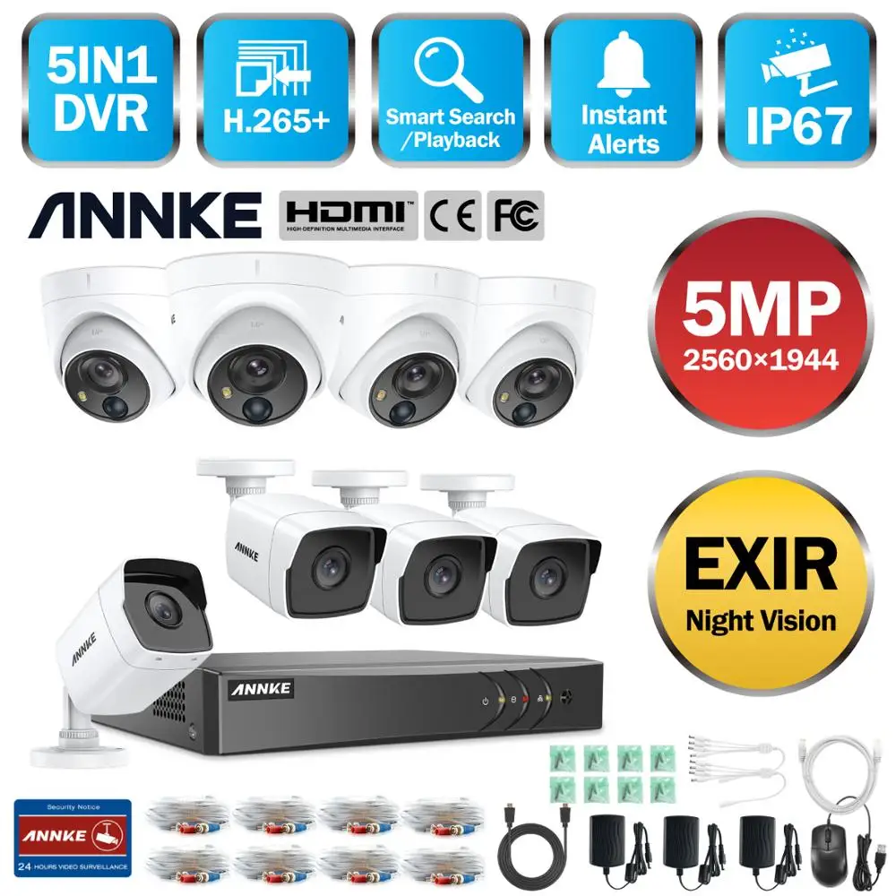 Система видеонаблюдения ANNKE 8CH HD 5MP Lite 5в1 H.265 + DVR с купольным куполом 8X Всепогодная